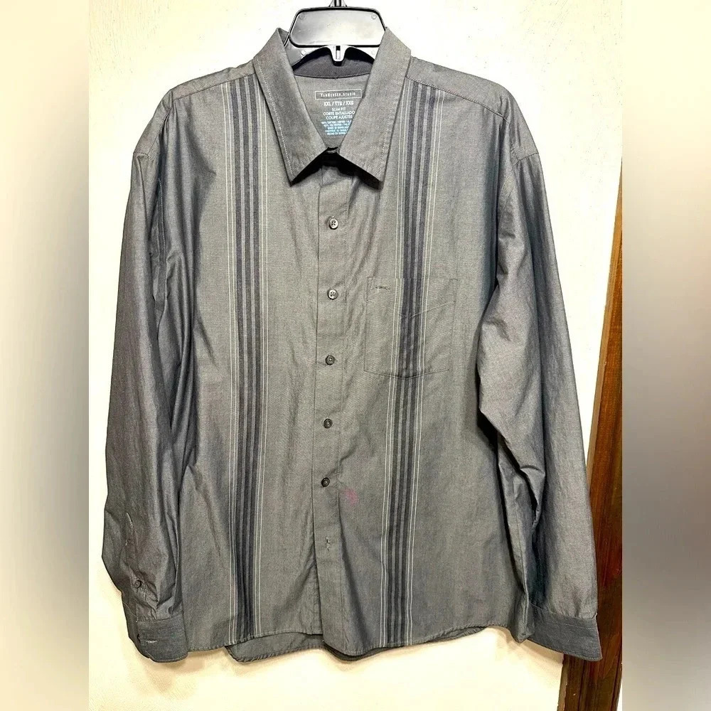 Van Heusan LS Button Down Shirt Slim fit Light Grey w/ Dark grey stripes XXL